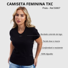 Camiseta Preta Feminina TXC Custom Manga Curta Bordado Colorida da Logo - Ref. 50807