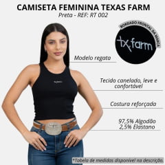 Camiseta Regata Canelada Feminina Texas Farm Preto Bordada Ref: RT 002