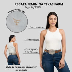 Camiseta Regata Canelada Feminina Texas Farm Western Show Bege Com Logo Pequena Bordada Ref:RT001
