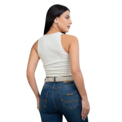 Camiseta Regata Canelada Feminina Texas Farm Western Show Bege Com Logo Pequena Bordada Ref:RT001