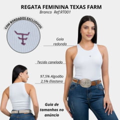 Camiseta Regata Canelada Feminina Texas Farm Western Show Branco Com Logo Bordado Pequeno Marrom Ref:RT001