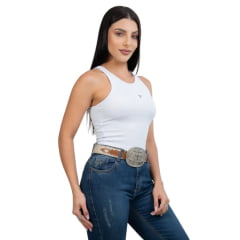 Camiseta Regata Canelada Feminina Texas Farm Western Show Branco Com Logo Bordado Pequeno Marrom Ref:RT001