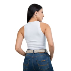 Camiseta Regata Canelada Feminina Texas Farm Western Show Branco Com Logo Bordado Pequeno Marrom Ref:RT001