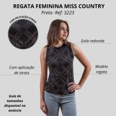 Camiseta Regata Feminina Miss Country Preta Bordada Com Strass Ref:3223