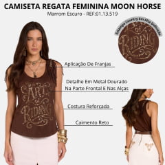 Regata Feminina Moon Horse Alça Art Franjas Marrom Escuro Bordado Dourado REF:01.13.519