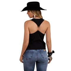 Camiseta Regata Feminina Moon Horse Country Life Preta Cavada Nas Costas Com Detalhe Bridão Ref:01.10-411