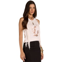 Regata Feminina Moon Horse Cowgirl Laço Off White Franjas Estampa REF:01.13.514