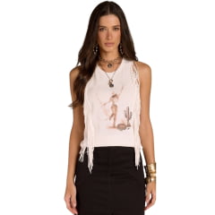Regata Feminina Moon Horse Cowgirl Laço Off White Franjas Estampa REF:01.13.514 Regata Feminina Moon Horse Cowgirl Laço Off White Franjas Estampa REF:01.13.514