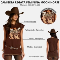 Regata Feminina Moon Horse Over Lifestyle Marrom Estampa Botas Bordado Cowgirl Tachinhas REF:01.13.530