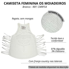 Camiseta Regata Feminina Os Moiadeiros Branca Com Franja Na Lateral E Desenho Em Pesponto REF: CMRF54