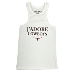 Camiseta Regata Feminina Os Moiadeiros Branca Estilo Nadador Com Escrita Em Marrom Jadore Cowboys REF: CMRF52