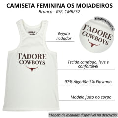 Camiseta Regata Feminina Os Moiadeiros Branca Estilo Nadador Com Escrita Em Marrom Jadore Cowboys REF: CMRF52