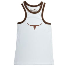 Camiseta Regata Feminina Os Moiadeiros Branca Modelo Nadador Com Viés Marrom Ref:CMRF57