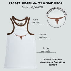 Camiseta Regata Feminina Os Moiadeiros Branca Modelo Nadador Com Viés Marrom Ref:CMRF57