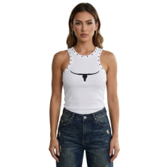 Regata Feminina Moiadeiros Dallas Modelo Nadador Branca Longhorn Com Bordado Estrelas Preto Ref:REG202