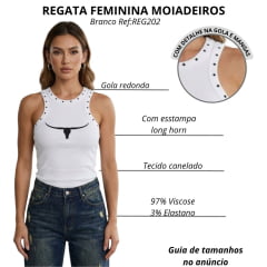 Regata Feminina Moiadeiros Dallas Modelo Nadador Branca Longhorn Com Bordado Estrelas Preto Ref:REG202