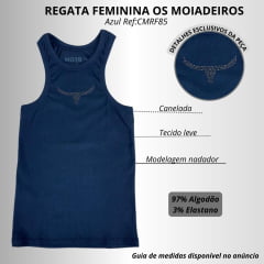 Regata Feminina Os Moiadeiros Dallas Nadador Azul Com Logo Bordado Strass Ref:CMRF85