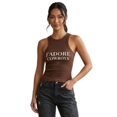 Regata Feminina Moiadeiros Dallas Nadador Marrom Estampa J'adore Branco E Long Horn Roxo Ref:REG206