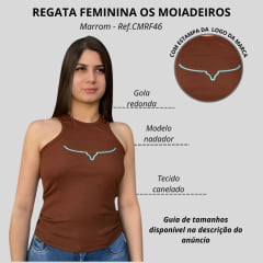 Camiseta Regata Feminina Os Moiadeiros Marrom Modelo Nadador Com Logo Azul Ref:CMRF46