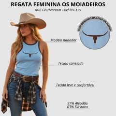 Regata Feminina Os Moiadeiros Modelo Nadador Azul Céu/Marrom Estampado Ref: REG179