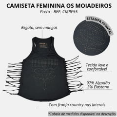 Camiseta Regata Feminina Os Moiadeiros Preta Com Franja Na Lateral E Desenho Em Pesponto REF: CMRF55