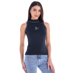 Regata Feminina Ox Horns Com Gola Alta Preta Bordado Cavalo Detalhes Tachinhas Douradas Ref: 6523