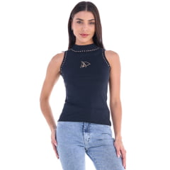 Regata Feminina Ox Horns Com Gola Alta Preta Bordado Cavalo Detalhes Tachinhas Douradas Ref: 6523