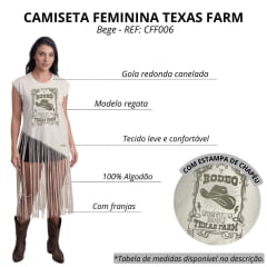 Camiseta Regata Feminina Texas Farm Bege Dust And Passion Com Franja E Desenho De Chapéu REF: CFF006