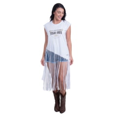 Camiseta Regata Feminina Texas Farm Branco Com Franja Dust And Passion Com Estampa Em Preto REF: CFF001