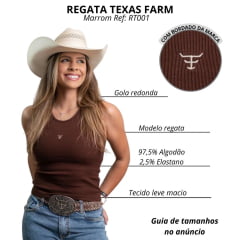 Regata Feminina Texas Farm Canelada Western Show Marrom Café Com Logo Bege Ref:RT0001