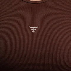 Regata Feminina Texas Farm Canelada Western Show Marrom Café Com Logo Bege Ref:RT0001