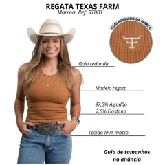 Regata Feminina Texas Farm Canelada Western Show Marrom Cappucino Com Logo Bege Ref:RT0001