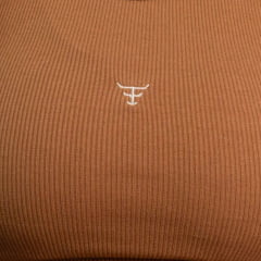 Regata Feminina Texas Farm Canelada Western Show Marrom Cappucino Com Logo Bege Ref:RT0001