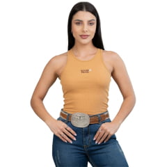 Camiseta Regata Feminina Texas Farm Canelada Western Show Ocre Logo Marrom Ref:RT005