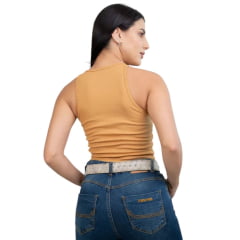 Camiseta Regata Feminina Texas Farm Canelada Western Show Ocre Logo Marrom Ref:RT005