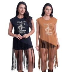Camiseta Regata Feminina Texas Farm Com Franja Dust And Passion C/ Estampa Western Ref:CFF004 - Escolha a cor