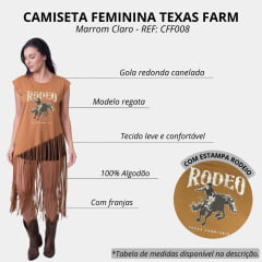 Camiseta Regata Feminina Texas Farm Marrom Capuccino Dust And Passion Com Franja E Desenho De Cavalo REF: CFF008