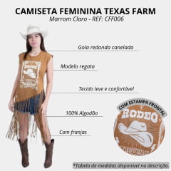 Camiseta Regata Feminina Texas Farm Marrom Capuccino Dust And Passion Com Franja E Estampa Rodeo/Chapéu REF: CFF006