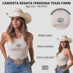 Regata Feminina Texas Farm Origem Canelada Bege Claro Logo Preto E Bandeira Do Brasil REF:RT015