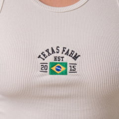 Regata Feminina Texas Farm Origem Canelada Bege Claro Logo Preto E Bandeira Do Brasil REF:RT015