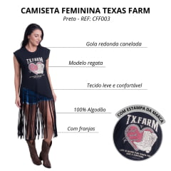 Camiseta Regata Feminina Texas Farm Preto Com Franja Dust And Passion C/ Estampa Em Bege/Rosa-Coração/Bota REF: CFF003