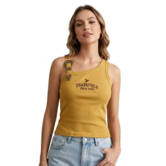 Regata Feminina Thankfield Com 1 Fivela Dourada Tecido Canelado Amarelo Queimado Bordado Marrom Ref:1853