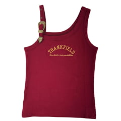 Regata Feminina Thankfield Fivela Dourada Tecido Canelado Bordô Bordado Caramelo Ref:01755