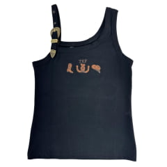 Regata Feminina Thankfield Fivela Dourada Tecido Canelado Preto Com Bordado Logo Em Marrom Ref:01761
