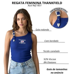 Regata Feminina Thankfield Com 1 Fivela Prata Tecido Canelado Azul Logo Branco E Bandeira EUA Ref:1851