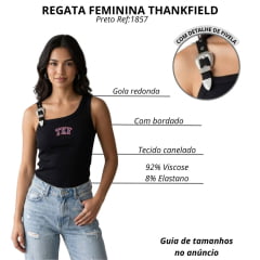Regata Feminina Thankfield Com 1 Fivela Prata Tecido Canelado Preto Logo Bordado Azul E Vermelho Ref:1857
