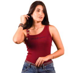 Regata Feminina Thankfield Com 1 Fivela Prata Tecido Canelado Vinho Bordado Azul Ref:1858