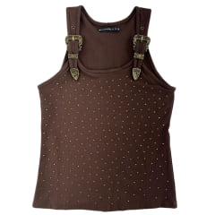 Regata Feminina Thankfield Com 2 Fivelas Dourada Tecido Canelado Marrom Strass Dourado Ref:01747