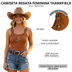 Regata Feminina Thankfield Com 2 Fivelas Envelhecidas Tecido Canelado Ocre Bordado Ref:01745