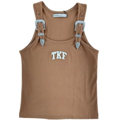 Regata Feminina Thankfield Com 2 Fivelas Prata Tecido Canelado Bege Escuro Bordado TKF Ref:01751